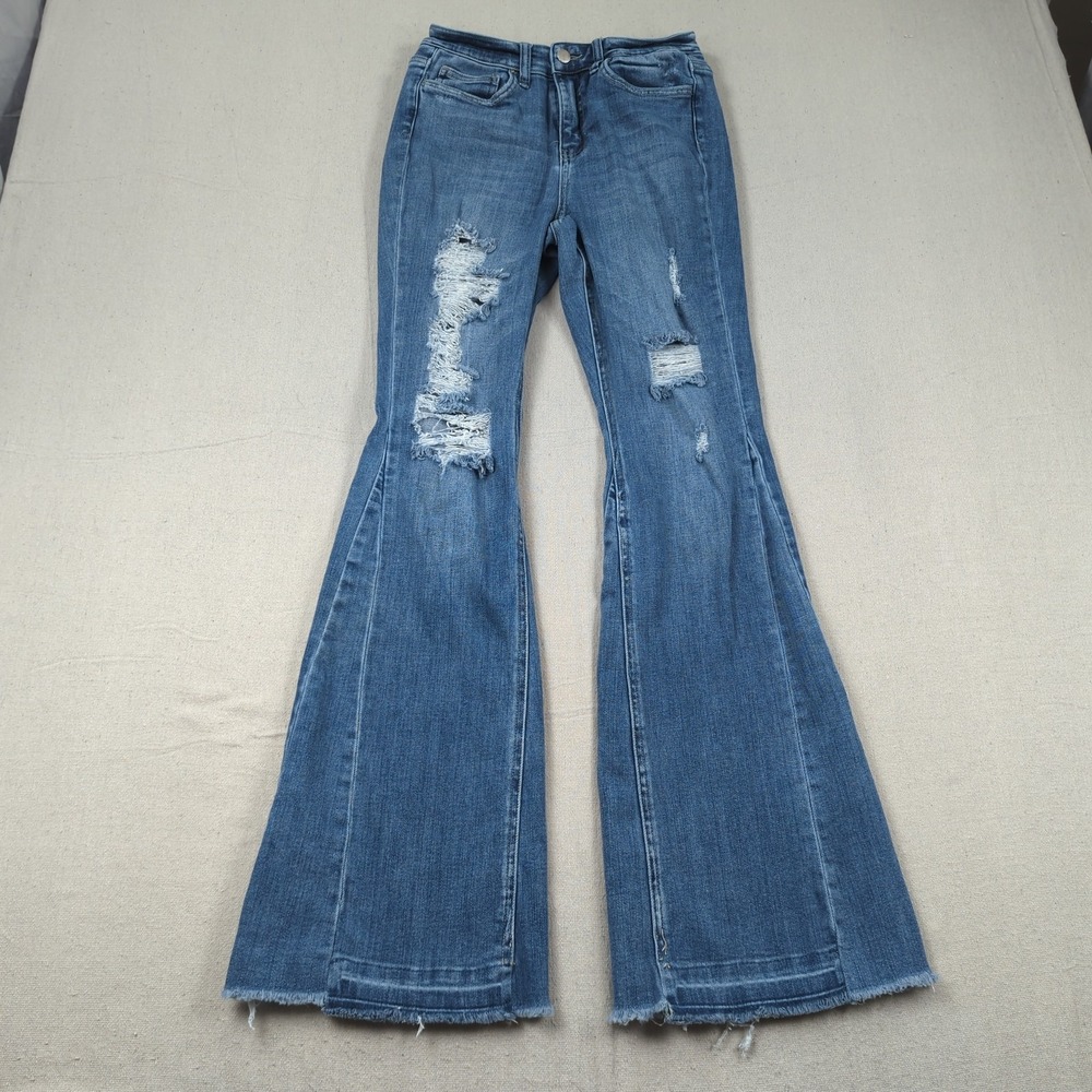 Flying Monkey Jeans Womens 27 Blue Flare Stretch Frayed Hippie Boho